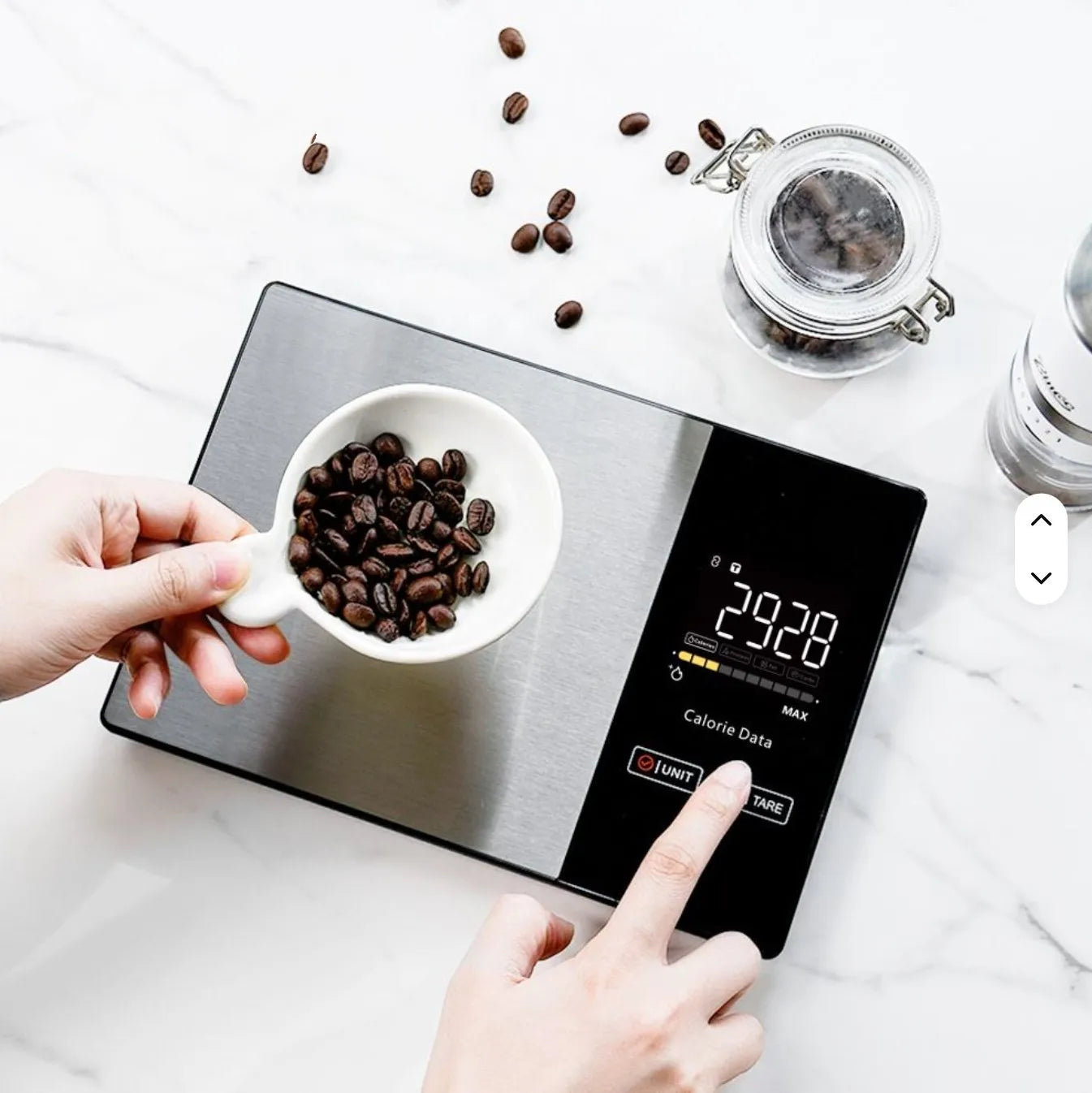 Welland X-7 kitchen scale weighing coffee beans on a countertop